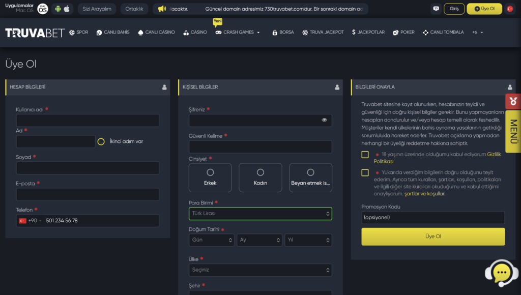 truvabet uye ol ekrani - Truvabet Üye Olma